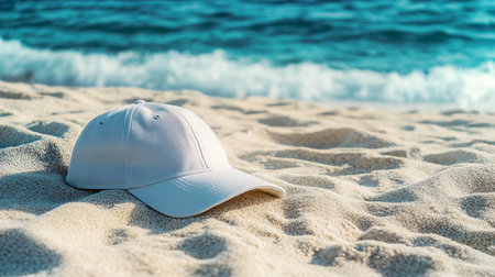 White baseball cap on the sand near the sea. Selective focus.の写真素材