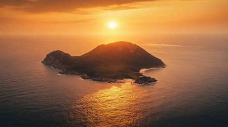 Aerial view of a small island in the sea at sunset.の写真素材