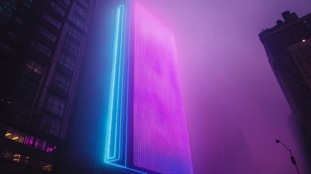Neon lights on a building in New York City, USA.の写真素材