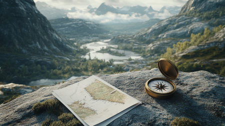 Compass and map on the background of the mountains. 3d renderingの写真素材