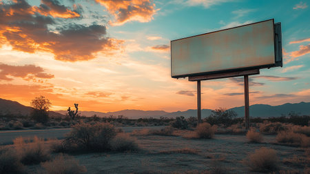 Blank billboard in the desert at sunset. 3d rendering.の写真素材