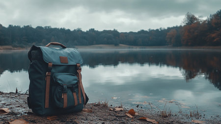 Backpack on the shore of a lake in the forest in autumnの写真素材