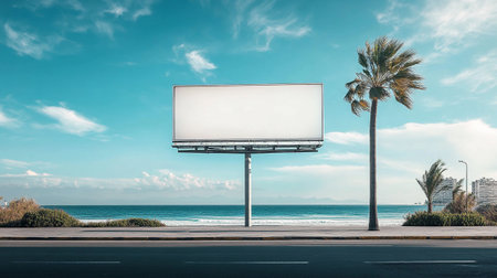 Blank billboard on the road with sea and blue sky background.の写真素材