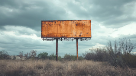 Abandoned billboard in the field with dramatic cloudy sky background.の写真素材