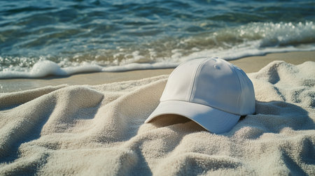 White baseball cap on the sand beach with the sea in the backgroundの写真素材