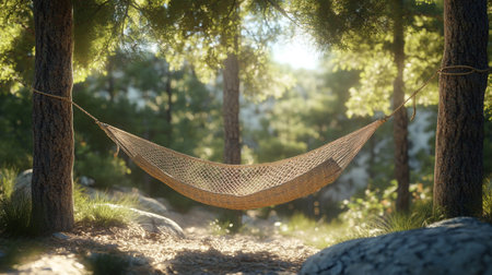 Hammock in a pine forest at sunset. Vacation conceptの写真素材