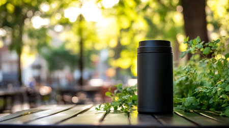 Black thermos on a wooden table in a summer cafe, outdoorの写真素材