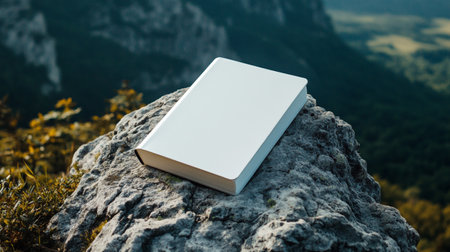 Blank book mockup on top of mountain, nature background.の写真素材