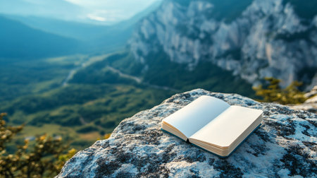 Blank book on the peak of mountain with view on valley.の写真素材