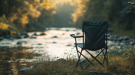 Fishing chair on the bank of a mountain river in the eveningの写真素材