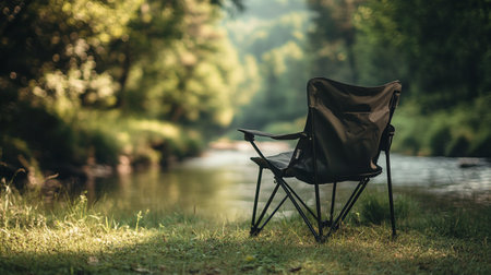 Black camping chair in the forest near the river on a summer eveningの素材