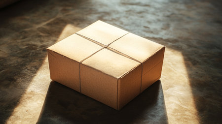 Brown cardboard box on a marble background. Copy space. 3d renderingの写真素材