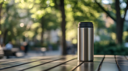 Stainless steel thermos on the table in the park.の写真素材