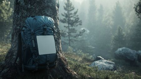 Backpack leaning against a tree in the forest with copy space.の写真素材