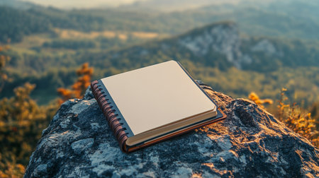 Blank notepad mockup on mountain top with copy space.の写真素材