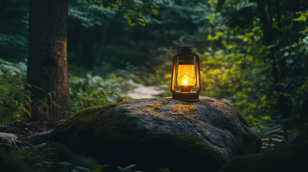 Lantern on a stone in the forest. Travel concept.の写真素材