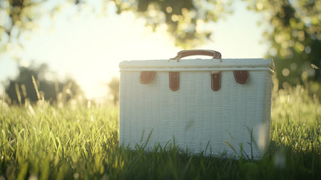 Travel suitcase on green grass in sunny day. Travel and vacation conceptの写真素材