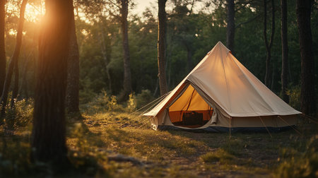 Camping tent in the forest at sunset. Tourism and travel conceptの写真素材