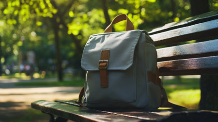 White backpack on a bench in the park. Selective focus.の写真素材