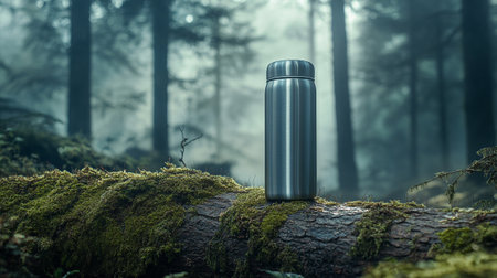 Metal thermos in the forest at foggy day. Conceptual imageの写真素材