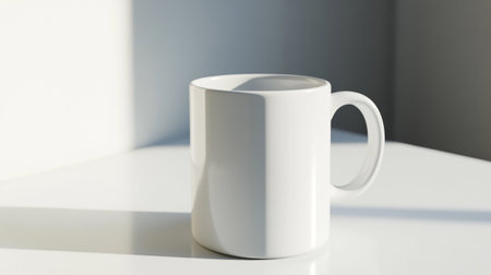 White cup of coffee or tea on white table in morning sunlight.の写真素材