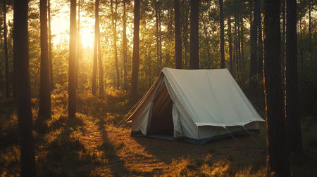 Camping tent in the forest at sunrise. Camping concept.の写真素材