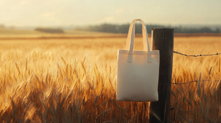 White cotton bag on a wooden fence in a wheat field at sunsetの写真素材