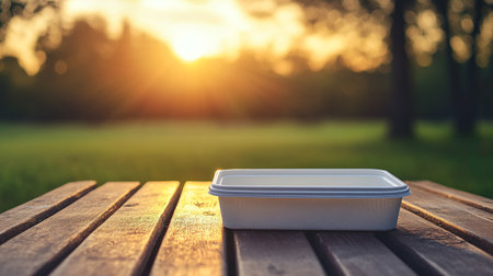 Plastic container for food on wooden table in the park at sunsetの写真素材