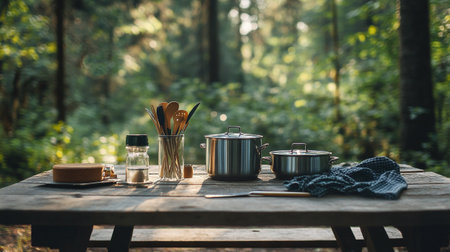Cooking pot and utensils on wooden table in the forestの写真素材