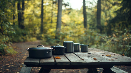Pots on a wooden table in the forest at sunsetの写真素材