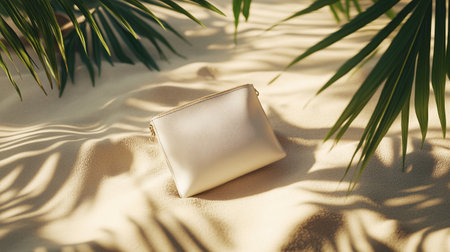 Leather clutch on sandy beach with palm leaves shadows.の写真素材