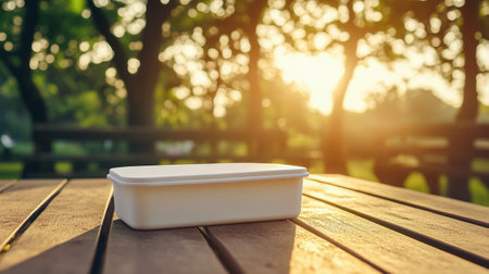 White plastic container for food on the wooden table in the park.の写真素材