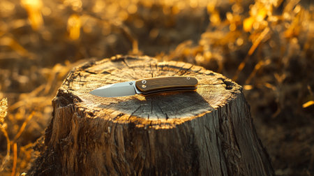 Knife on a stump in the field in the rays of the setting sunの素材