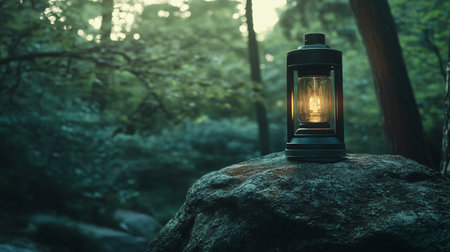 Lantern on a rock in the forest. Vintage style.の写真素材