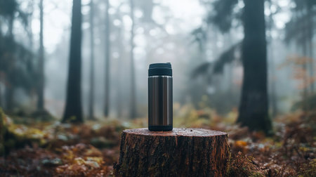 on a stump in the forest in a foggy dayの写真素材