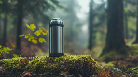Metal thermos on a mossy forest ground in a foggy forestの写真素材