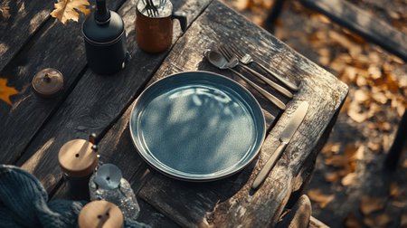 Autumn table setting with empty plate and cutlery on wooden tableの写真素材