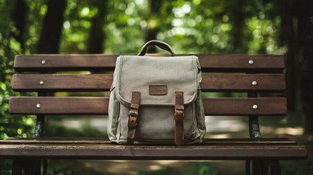 Leather backpack sitting on a bench in the park. Travel conceptの写真素材
