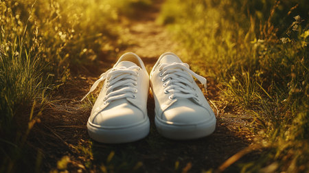 White sneakers on the road in the meadow in the rays of the setting sunの写真素材