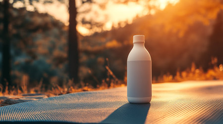 White plastic bottle on the background of the sunset in the forest.の写真素材