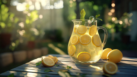 Lemonade with fresh lemons in jug on table in gardenの写真素材