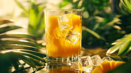 Glass of fresh orange juice with ice cubes and tropical leaves on tableの写真素材