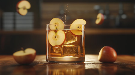 Glass of whiskey with ice cubes and apples on wooden table in pubの写真素材