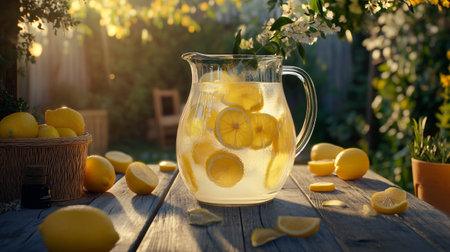 Lemonade in a jug on a wooden table in the gardenの写真素材