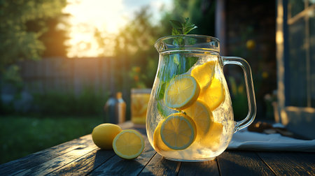 Glass jug with lemonade on wooden table outdoors. Summer refreshing drinkの写真素材