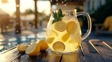 Glass jug of lemonade with fresh lemons on wooden table outdoorsの写真素材