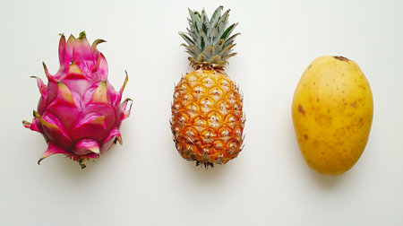Pineapple, dragon fruit and mango on a white background.の写真素材