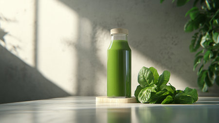 Green smoothie in bottle with fresh basil leaves on white table. 3d renderingの写真素材