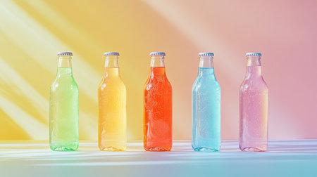 Colorful plastic bottles on a colorful background. 3d rendering.の素材