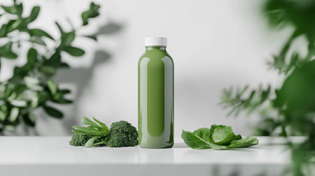 Mockup of a bottle of green smoothie with broccoli and spinach on a white table in front of a white wall.の写真素材